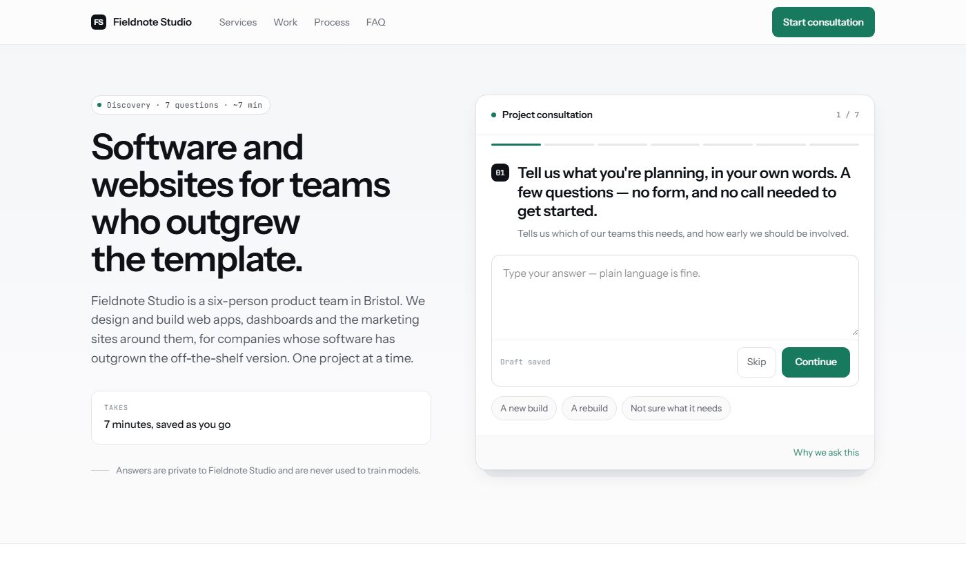 The Modern SaaS discovery page: an agency headline beside a consultation card asking its first question.